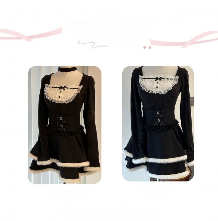 Jirai Kei Black High Waist Skirt, Faux Fur Trim 46105:875450
