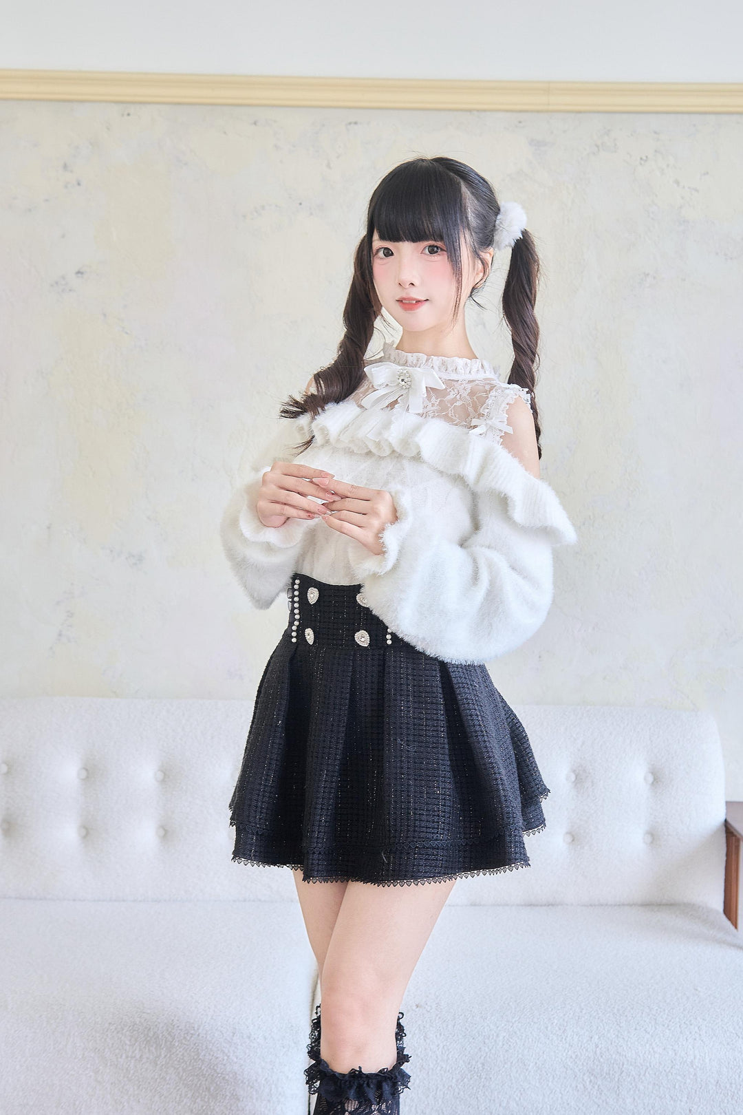 Jirai Kei Sweater Lace Frill Collar Knit Sweater With Bow 41680:711718