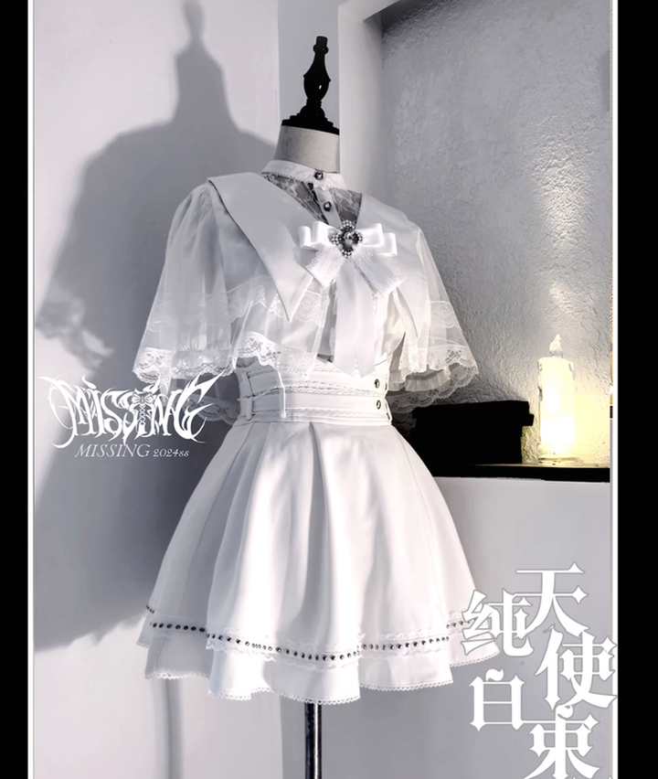 Jirai Kei Dress Angel Wing Collar Blouse Double Layered Skirt (White / L M S XL / Skirt) 39538:634860