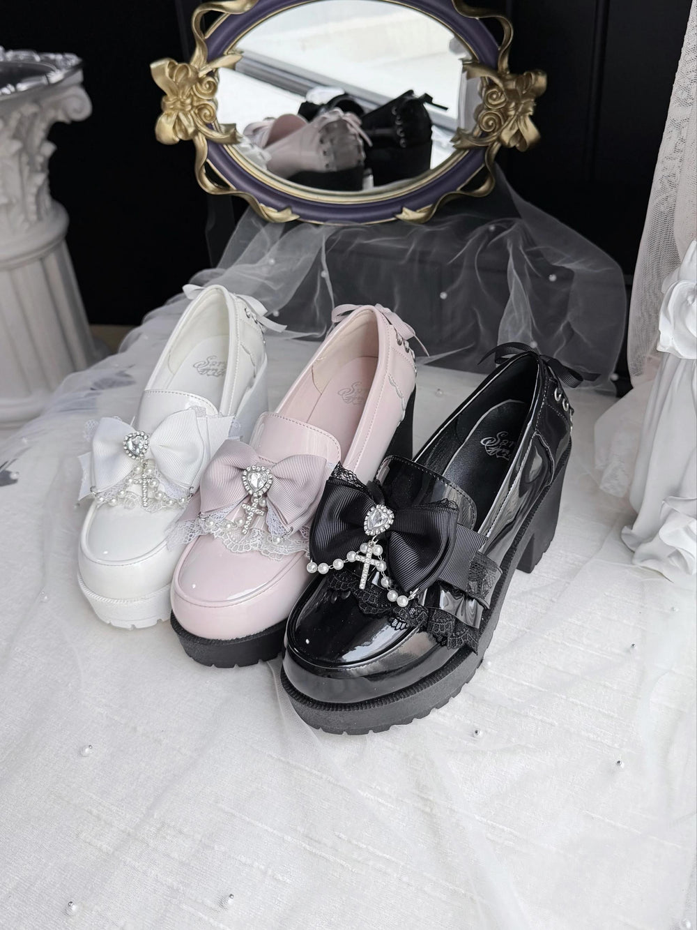 Jirai Kei Heeled Shoes, Pearl Chain and Cross Details 45695:860681