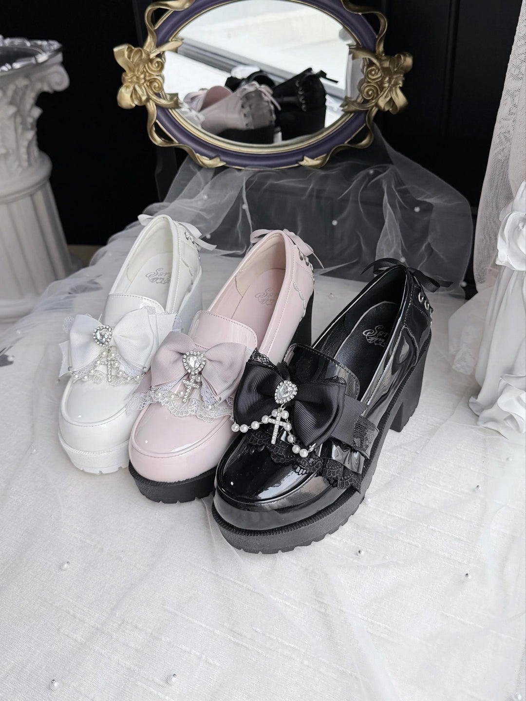 Jirai Kei Heeled Shoes, Pearl Chain and Cross Details 45695:860681