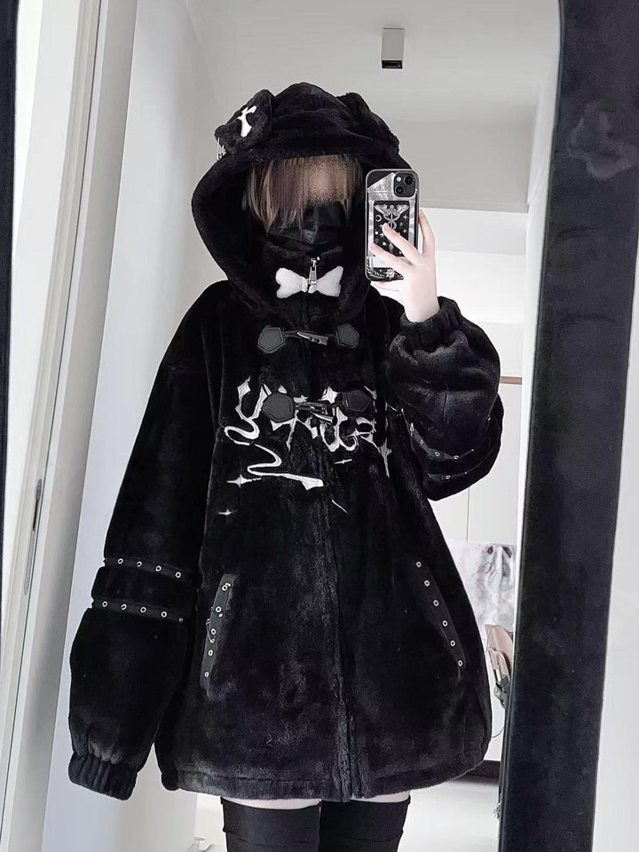Y2K Black Hooded Coat, Puppy Ear Accents (Black) 44416:807598