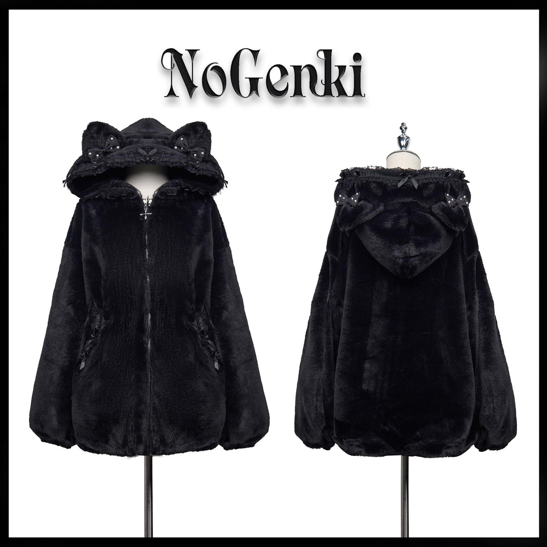 Jirai Kei Winter Coat Fleece Cat Ear Hooded Lace Bows Coat 41408:698068