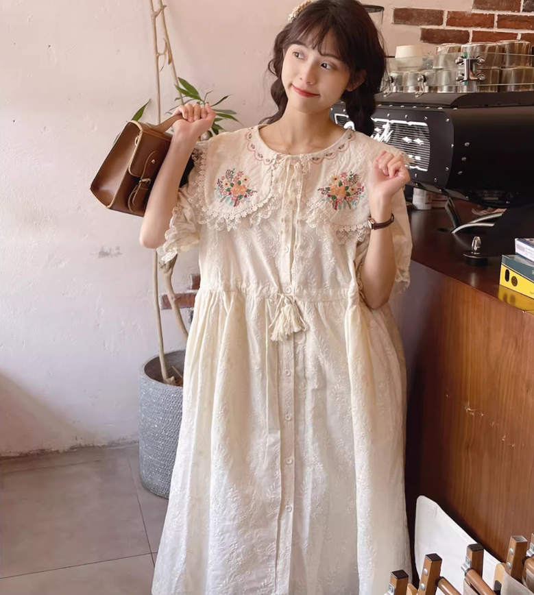 Mori Kei Dress Cottagecore Dress Short Sleeve Dress 36212:524350