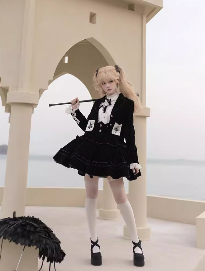 Ouji Lolita Prince Outfit Set Black Skirt Velvet Shorts Set 39368:632004