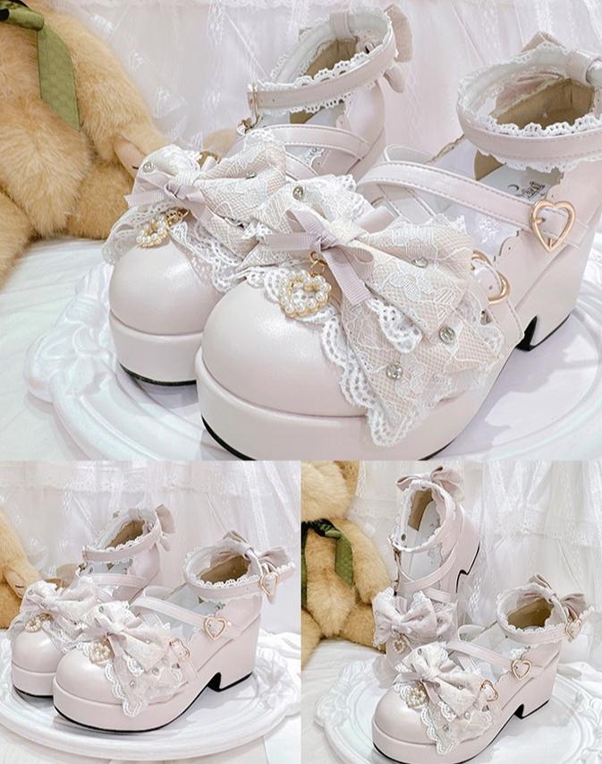 Jirai Kei Platform Shoes, Lace Bow Details, Chunky Heel 43445:778188