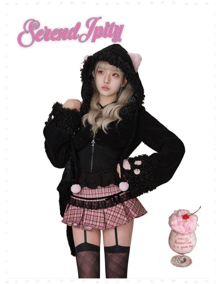 Punk Black Coat Gyaru Fashion Pink Plaid Mini Skirt Camisole 41124:692110