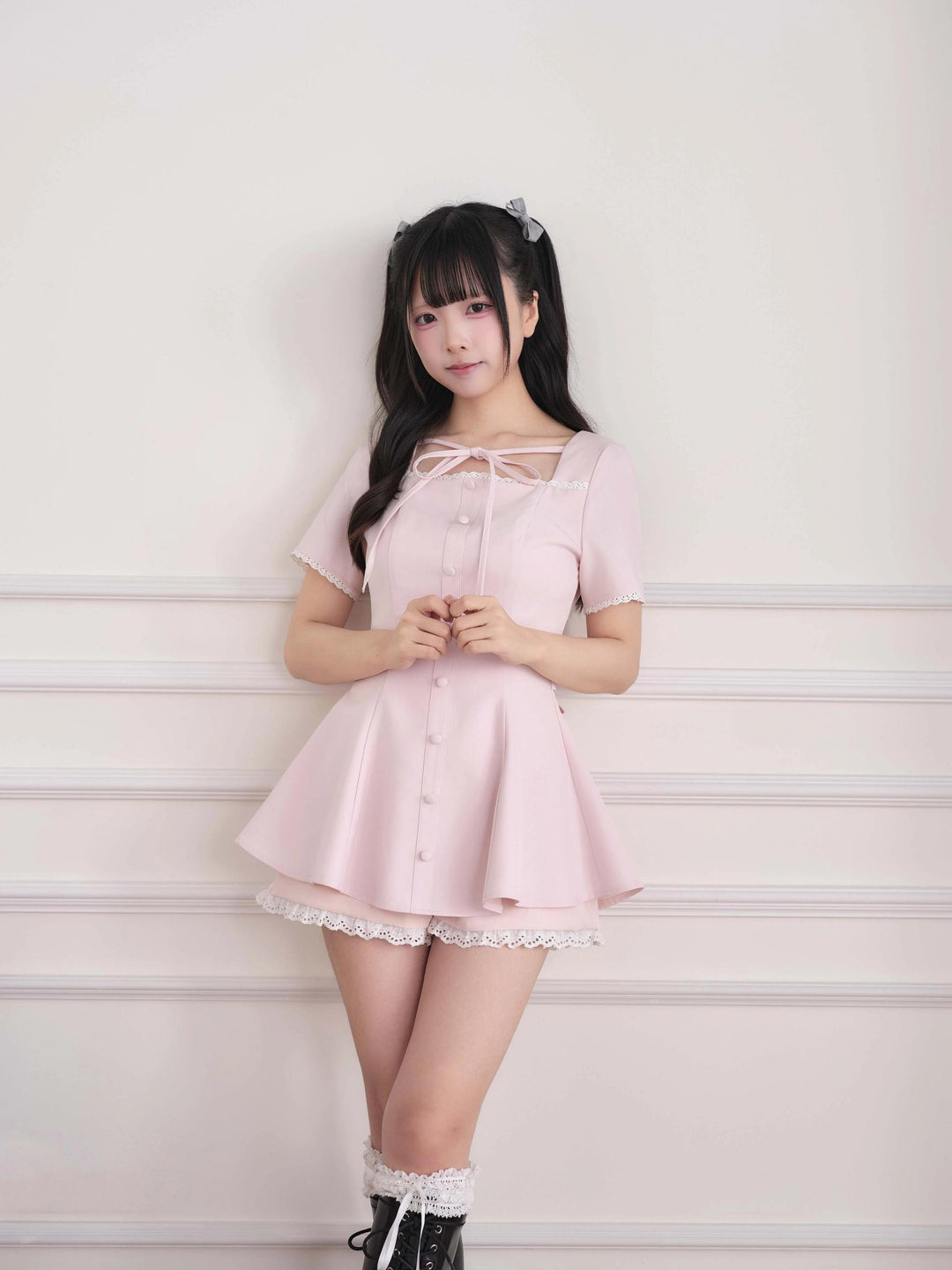Ryousangata Lace Trim Dress & Elastic Shorts Set 45835:864529