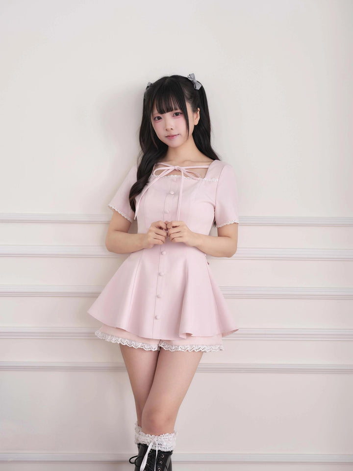 Ryousangata Lace Trim Dress & Elastic Shorts Set 45835:864529