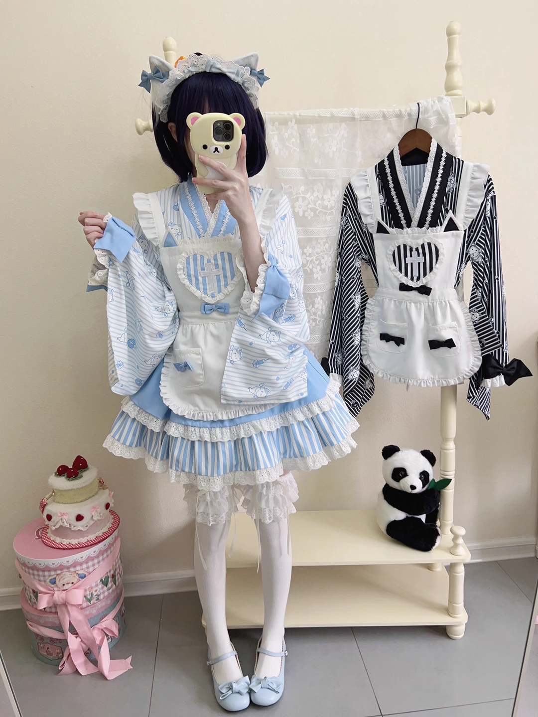 Kimono Lolita Blouse Striped Housemaid Skirt Set 37640:609490