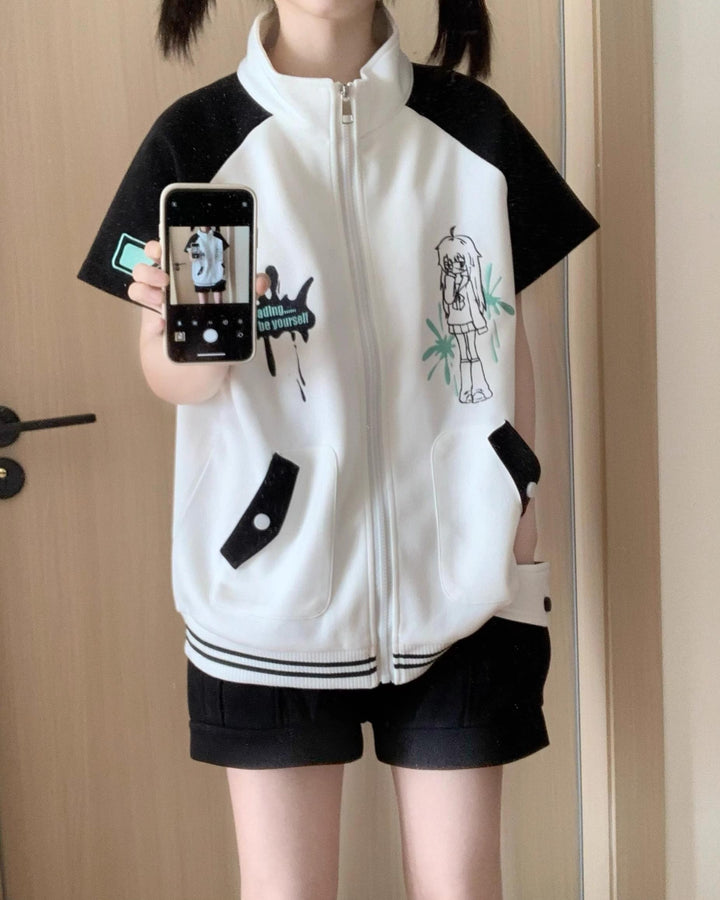 Jirai Kei Black Sport Set Loading Print Zip Jacket and Shorts 42895:757718