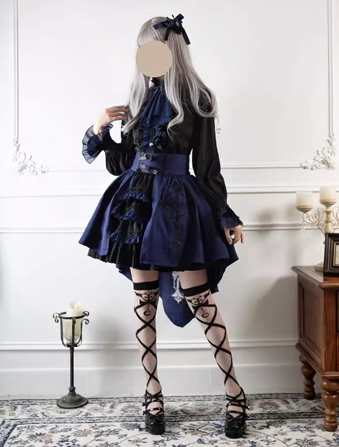 Ouji Lolita Prince Outfit Navy Blue Lolita Blouse Skirt Set 39360:633272