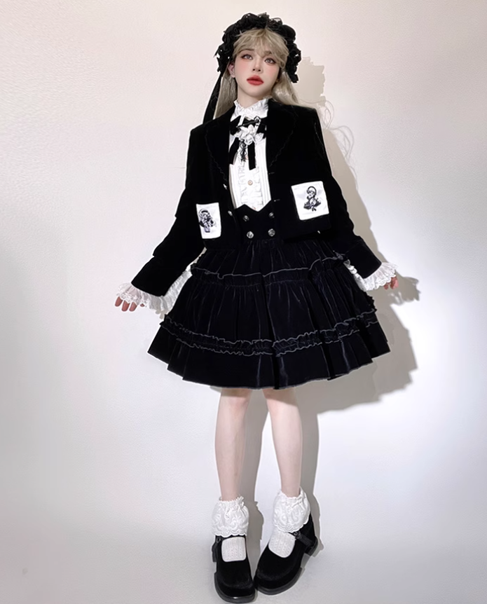 Ouji Lolita Prince Outfit Set Black Skirt Velvet Shorts Set 39368:631930