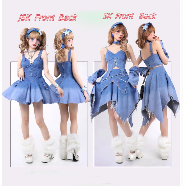 Y2K Spice Girl Pink White Blue Denim Dress Set 22672:351198 22672:351198