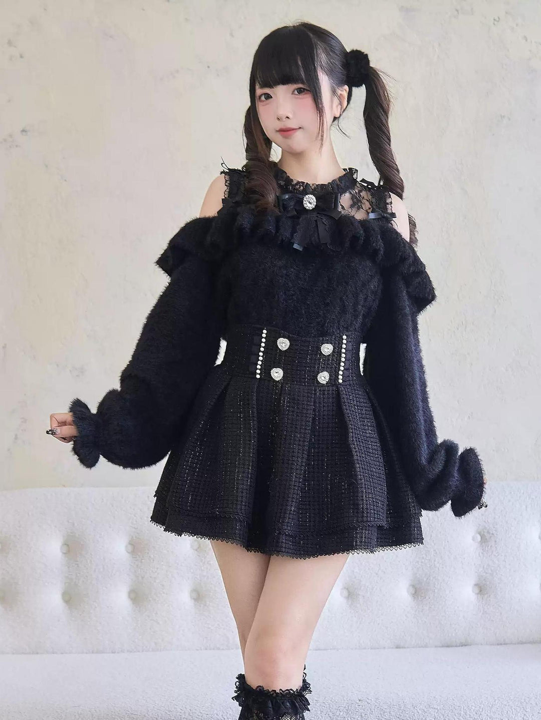 Jirai Kei Sweater Lace Frill Collar Knit Sweater With Bow 41680:711750