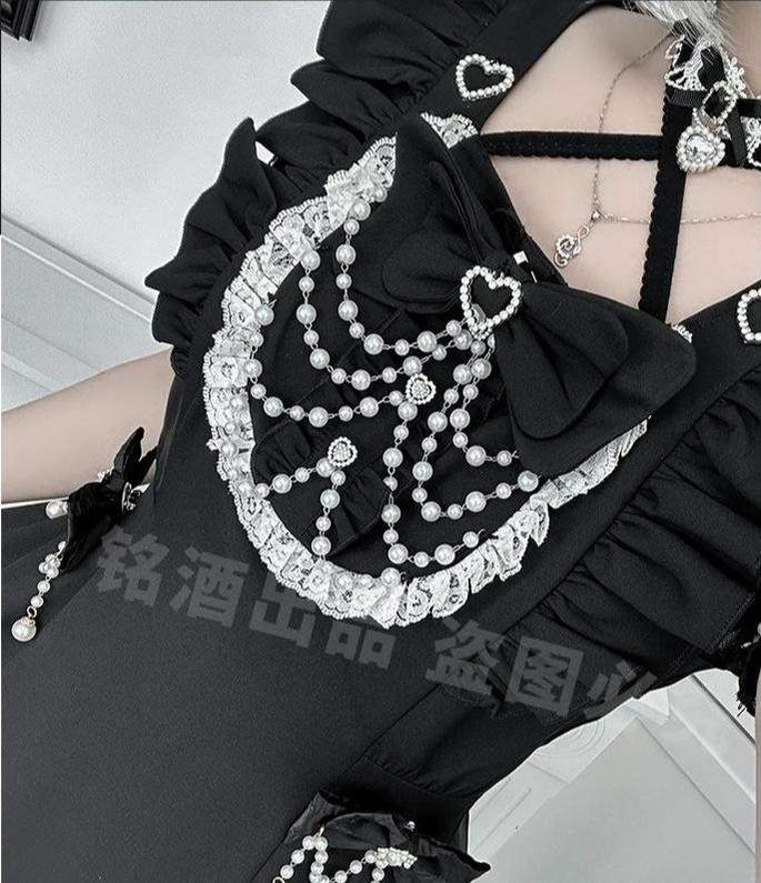 Jirai Kei Pearl Chain Dress, Halter Neckline 45650:857204