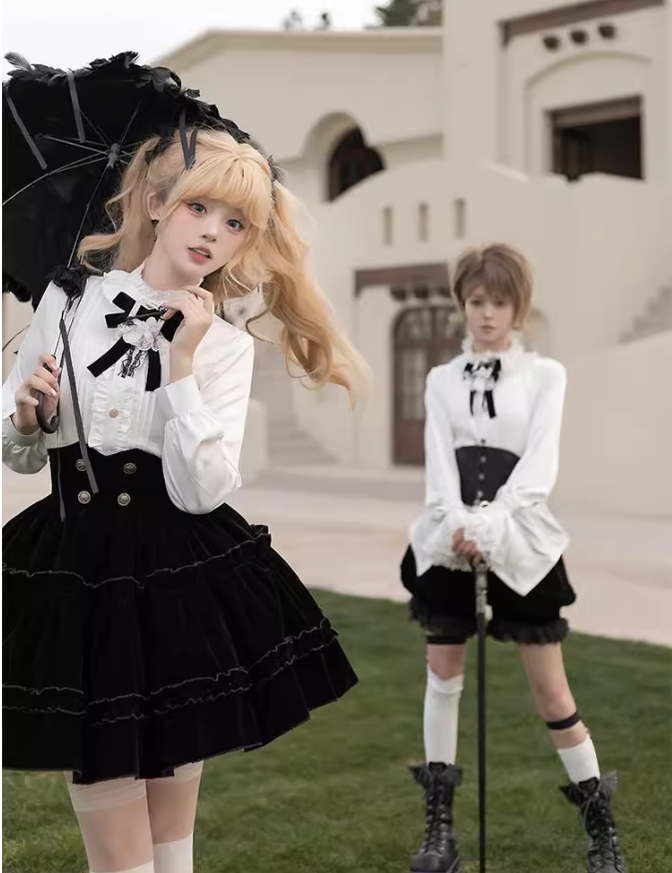 Ouji Lolita Prince Outfit Set Black Skirt Velvet Shorts Set 39368:632002