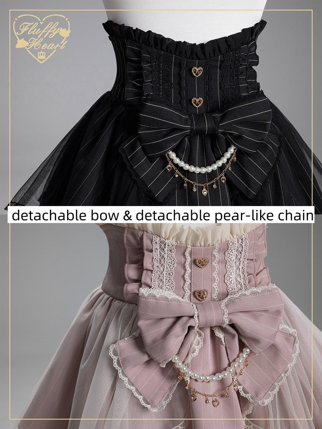 Striped High Waist Jirai Kei Skirt, Detachable Bow 43679:782844