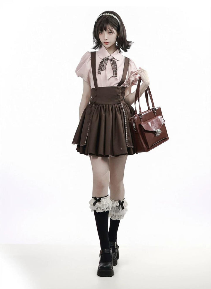 Academia Bubble Sleeve Blouse, Elastic Waist Suspender Skirt 45875:866402