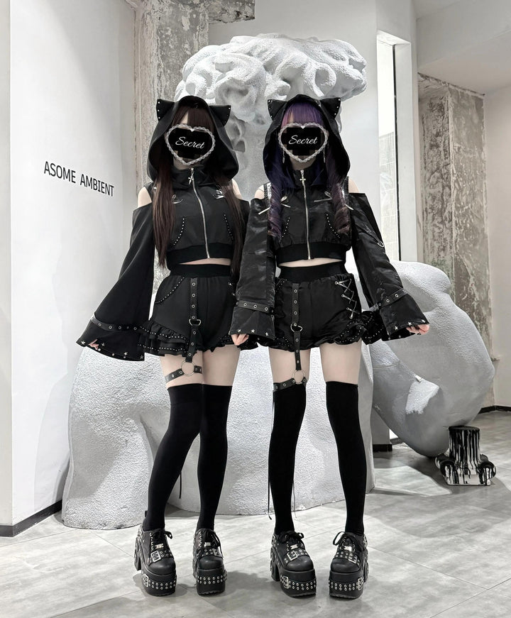 Gothic Hooded Crop Jacket & Shorts Set, Cat Ear 46064:874093