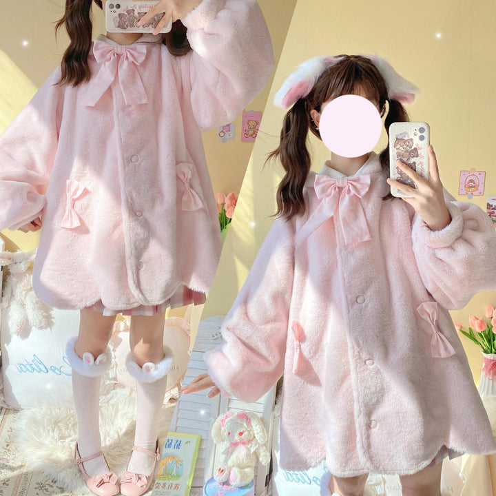 Jirai Kei Coat Sweet Bunny Ear Hoodie Long Fleece Coat 40938:682276