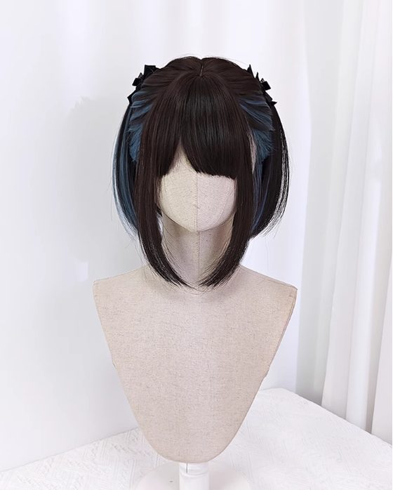 Jirai Kei Wig E-Butterfly Girl Blue Dark Brown Short Hair Wig 22044:367156 22044:367156