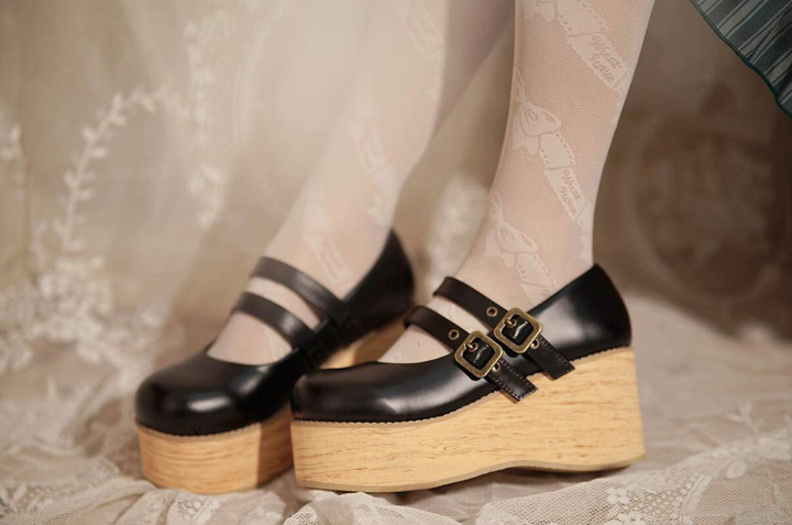 Retro-wooden Bottom Double Button Platforms Multicolor 21784:318792 21784:318792