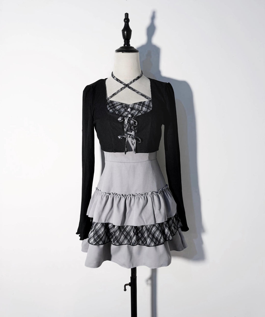 Jirai Kei Plaid Halter Neckline Dress, Solid Bolero 46017:872685
