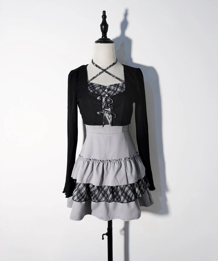 Jirai Kei Plaid Halter Neckline Dress, Solid Bolero 46017:872685