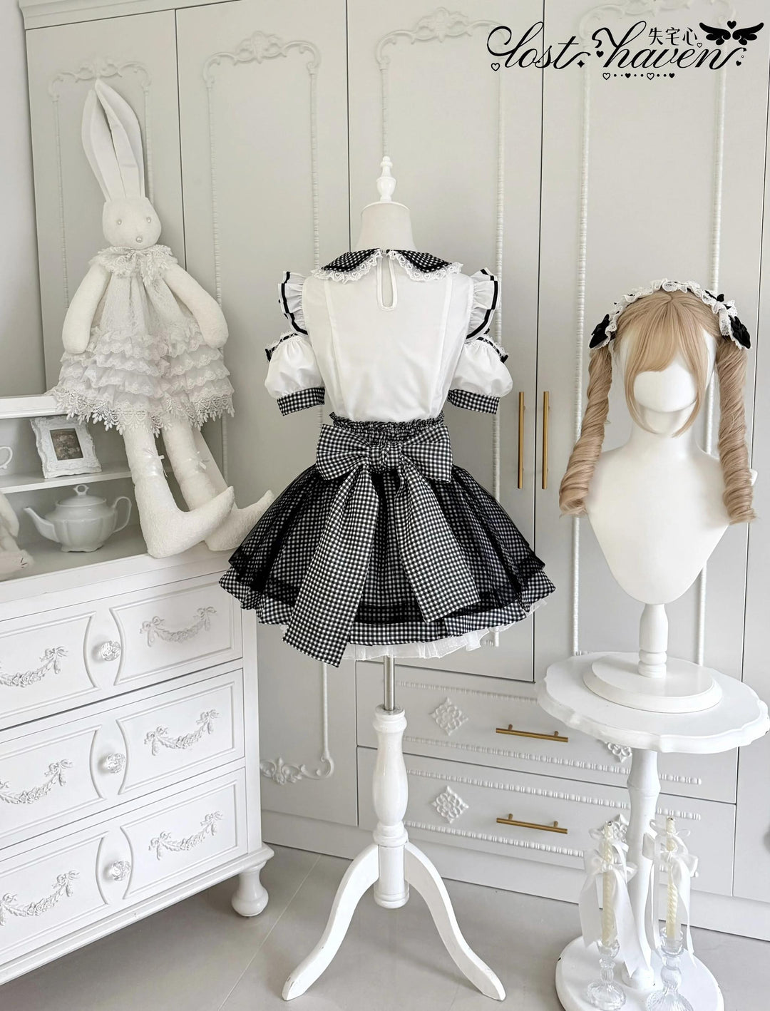 Jirai Kei Gingham Maid Blouse and Skirt Set, Detachable Apron 45659:858700