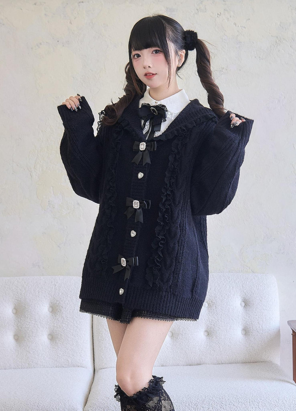 Jirai Kei Sweater Lace Sailor Collar Cardigan With Bows (M) 41682:711796