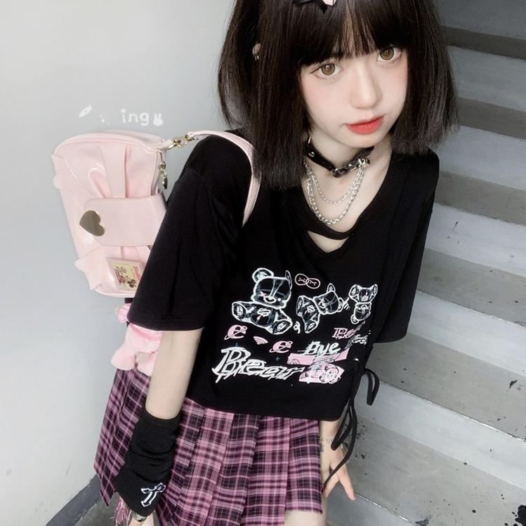 Jirai Kei T-shirt Bear Printed Short Sleeve Top For Summer 37570:563296