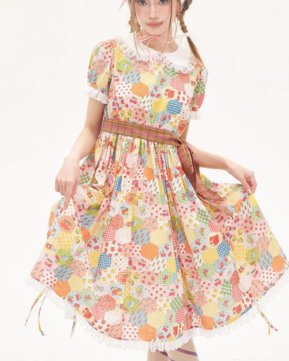 Sweet Lolita Dress Kidcore Floral Dress Drawstring Dress 36156:543434