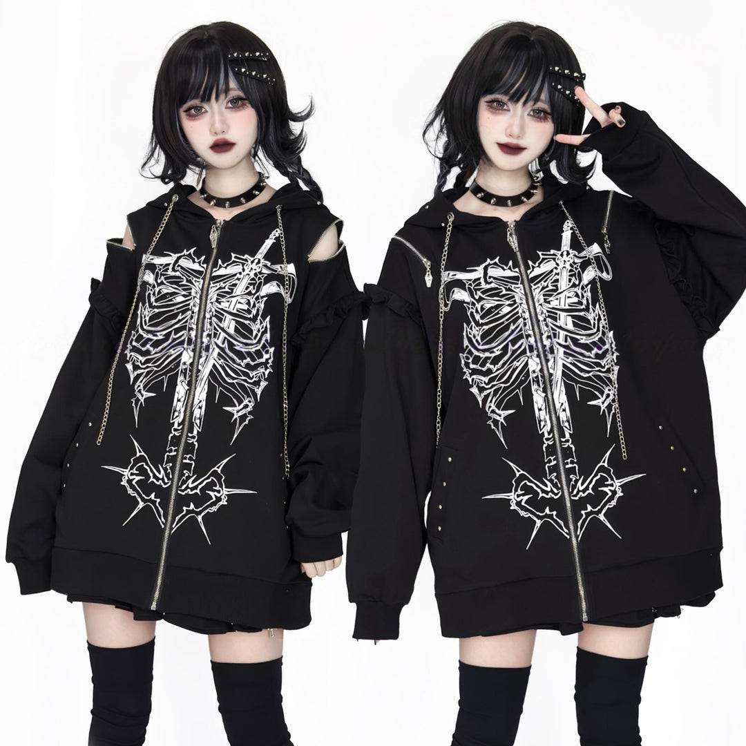 Subculture Ribcage Printed Short Coat, Zipper Shoulder 44482:811065