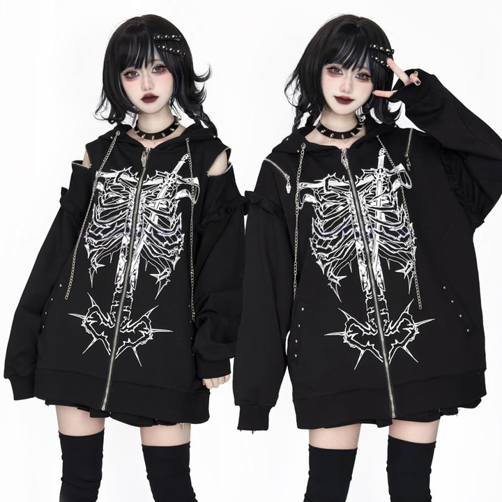 Subculture Ribcage Printed Short Coat, Zipper Shoulder 44482:811065