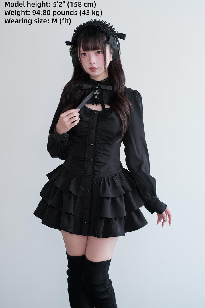 Black/Gray Jirai Kei Lace-Up Dress, Elastic Shorts 44329:806163