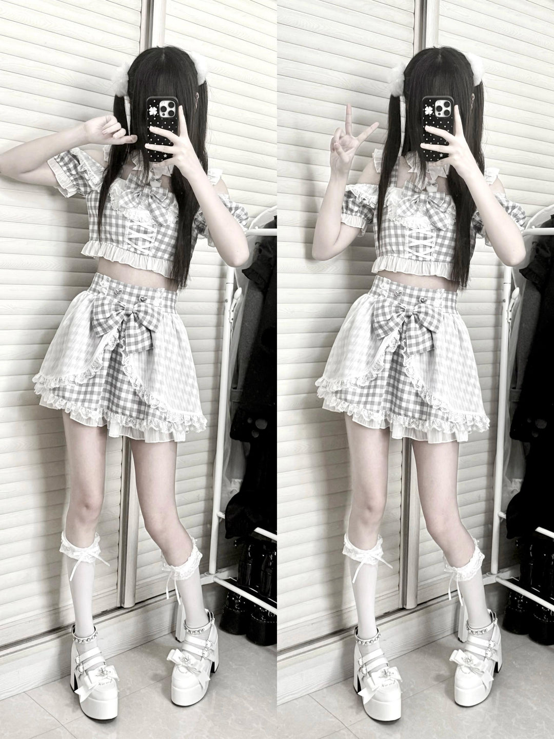 Plaid Stage Jirai Kei Outfit, Furry Bunny Ear Blouse, Skirt 43614:780924