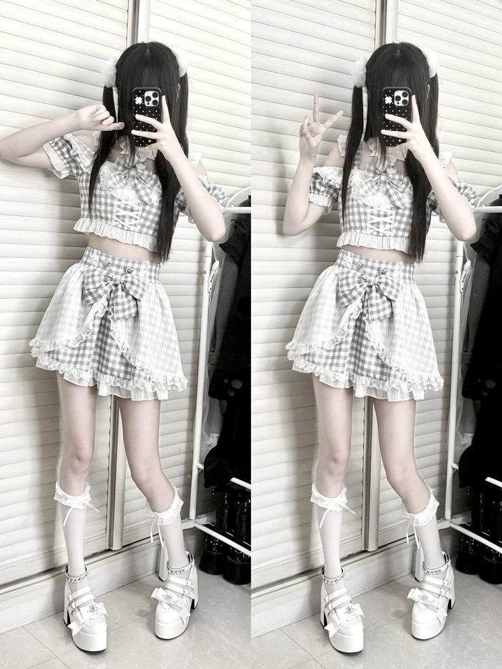 Plaid Stage Jirai Kei Outfit, Furry Bunny Ear Blouse, Skirt 43614:780924