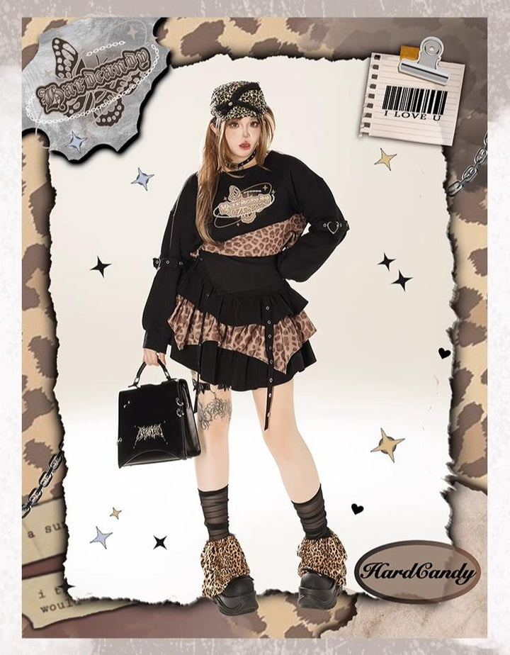 Plus Size Gyaru Outfit Set Leopard Plaid Skirt Set 39400:627880