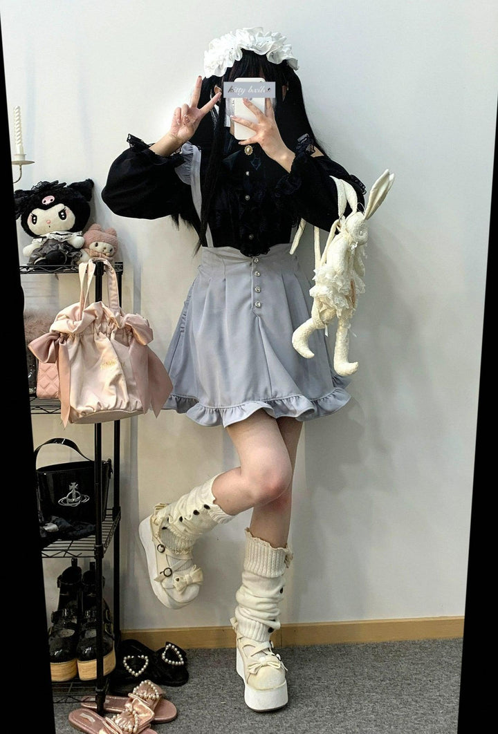 Jirai Kei Blouse Double Ruffle Open Shoulder Shirt 31856:768502