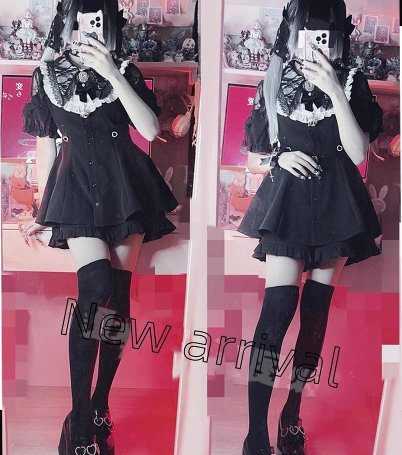 Jirai Kei Full Set Short Sleeve Puritan Collar Black Dress Set 37842:573658