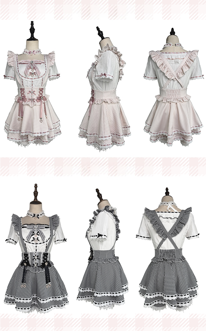 Jirai Kei Cotton Shirt, High-Waisted Suspender Skirt 45267:845254