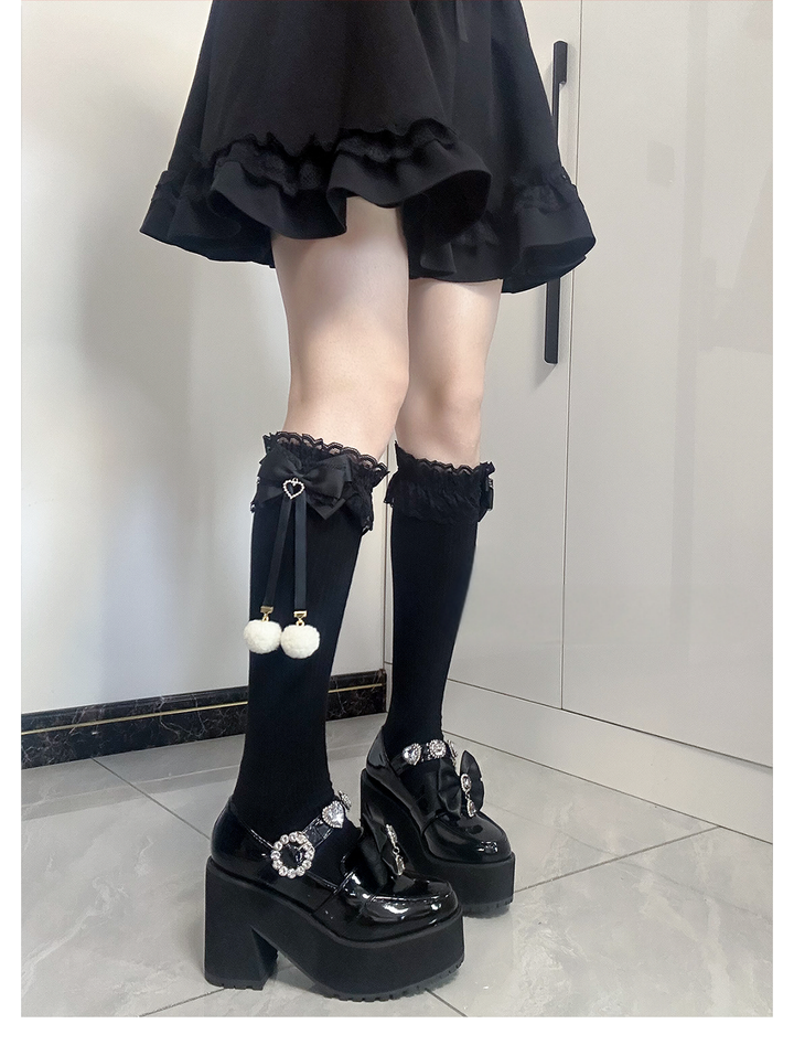 Jirai Kei Knee Socks Lace Bow Pom-Pom Mid-Calf Socks 40886:678954