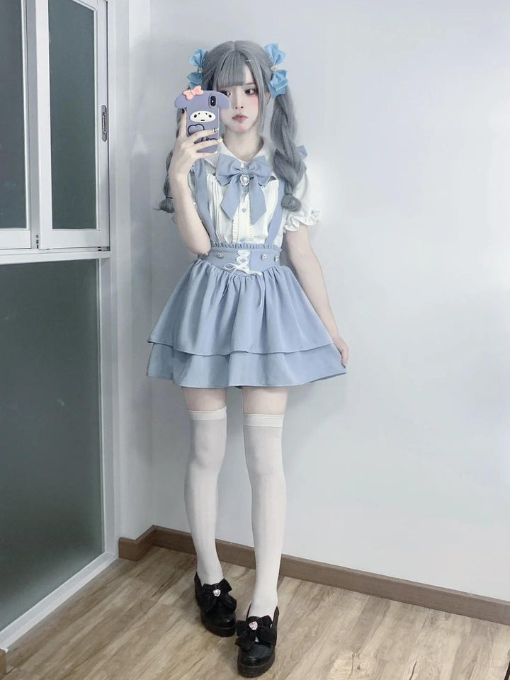 Jirai Kei White Blouse Lace-up Suspender Skirt 21838:760782