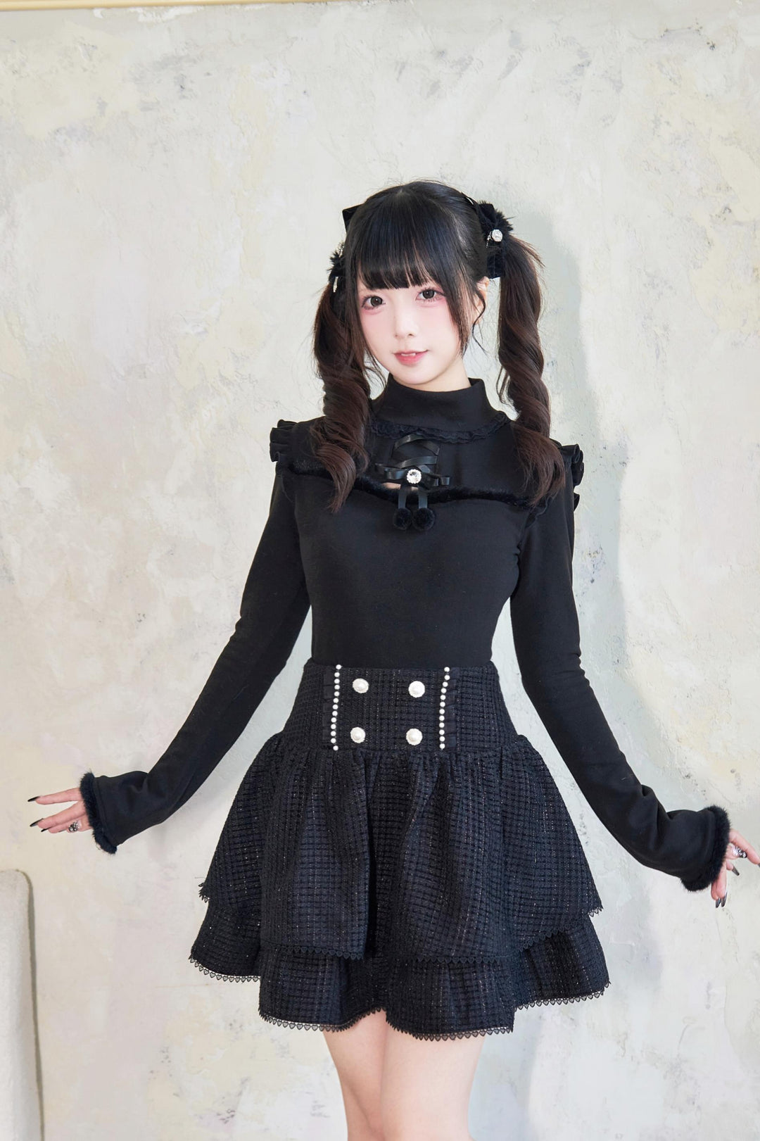 Jirai Kei Sweater Bow Decoration Knit Fleece Frill Top 41404:696654