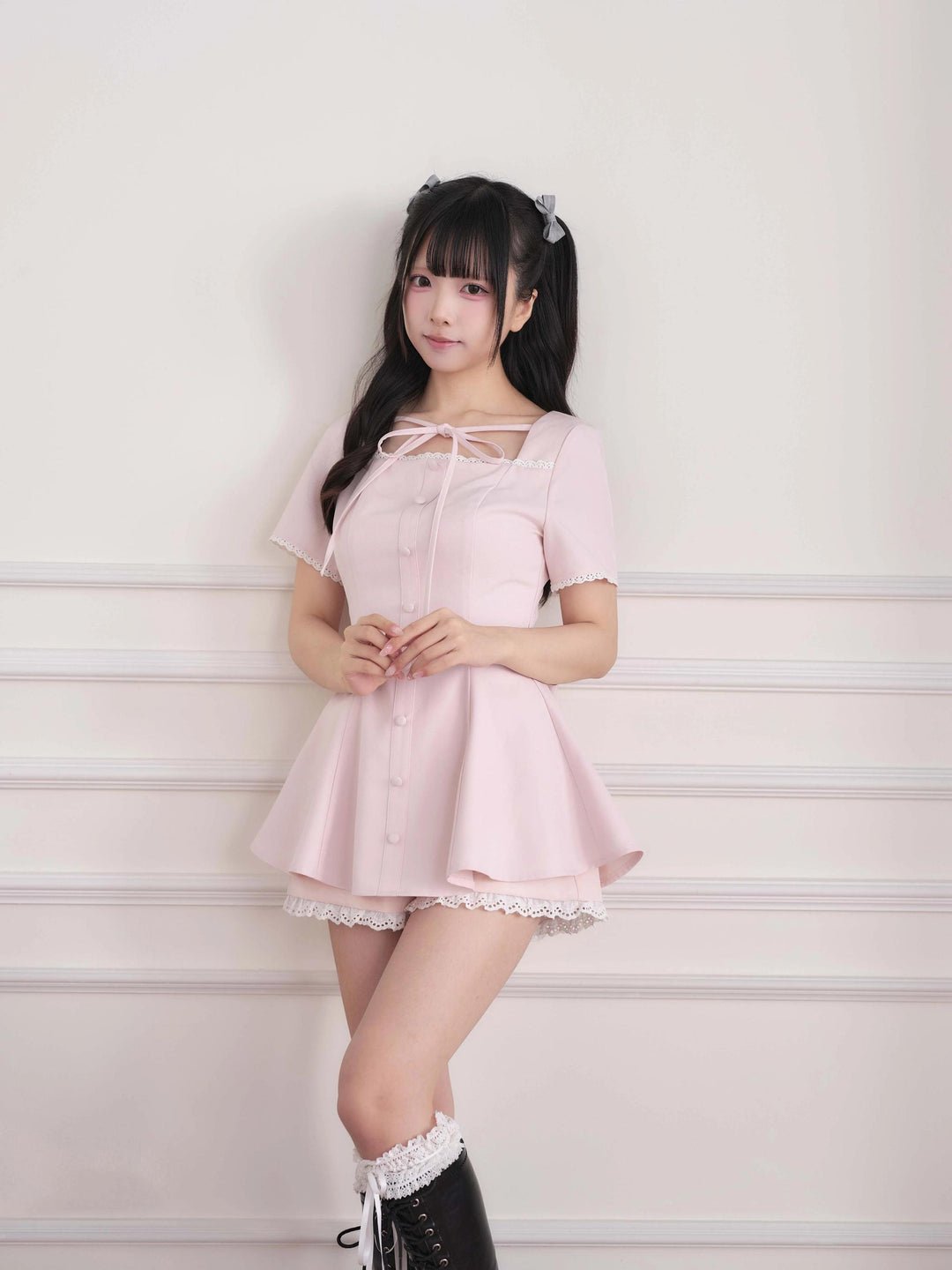 Ryousangata Lace Trim Dress & Elastic Shorts Set (M S) 45835:864523