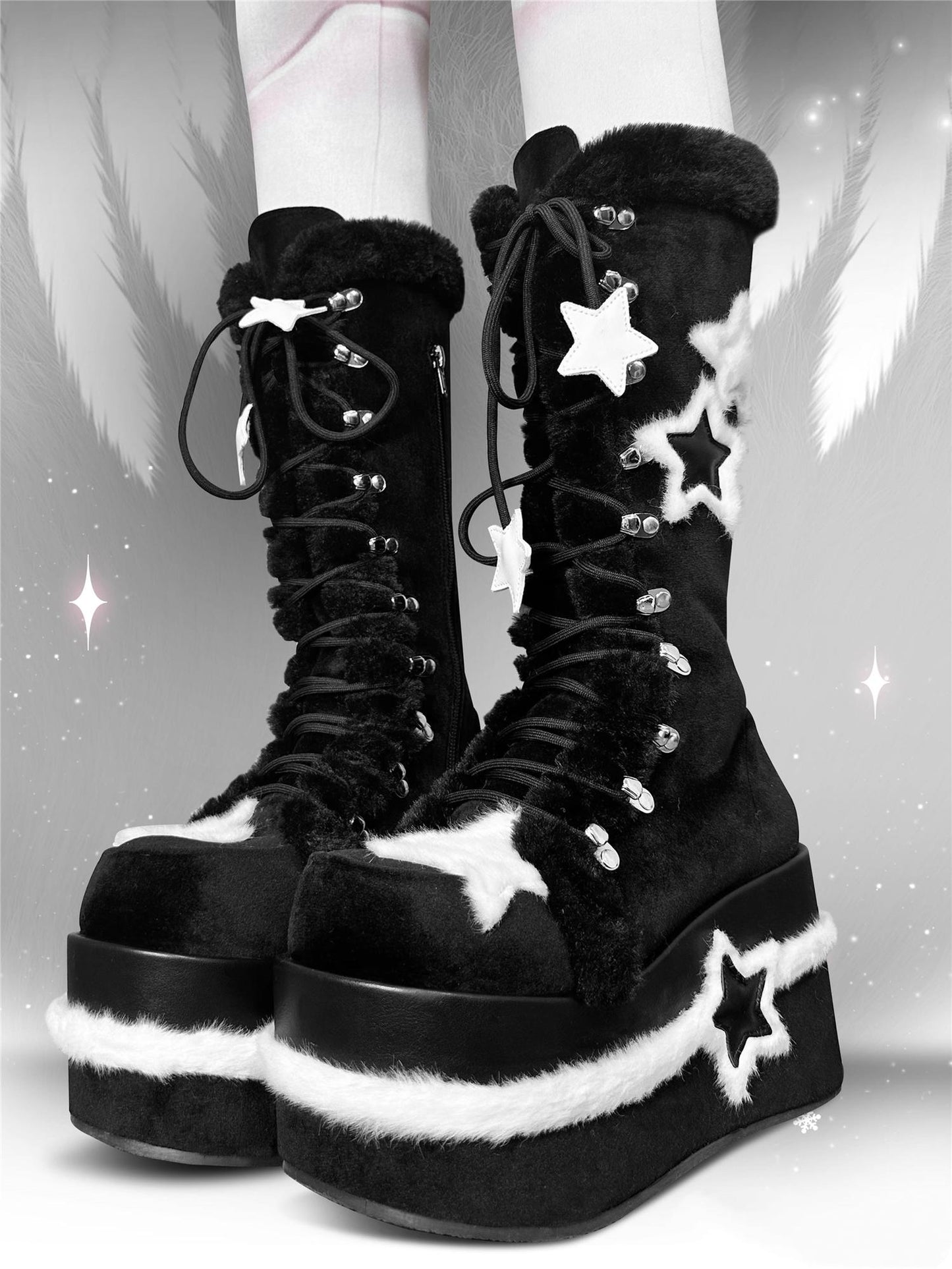 Y2K Platform Shoes Black Plush Combat Boots 33824:439606