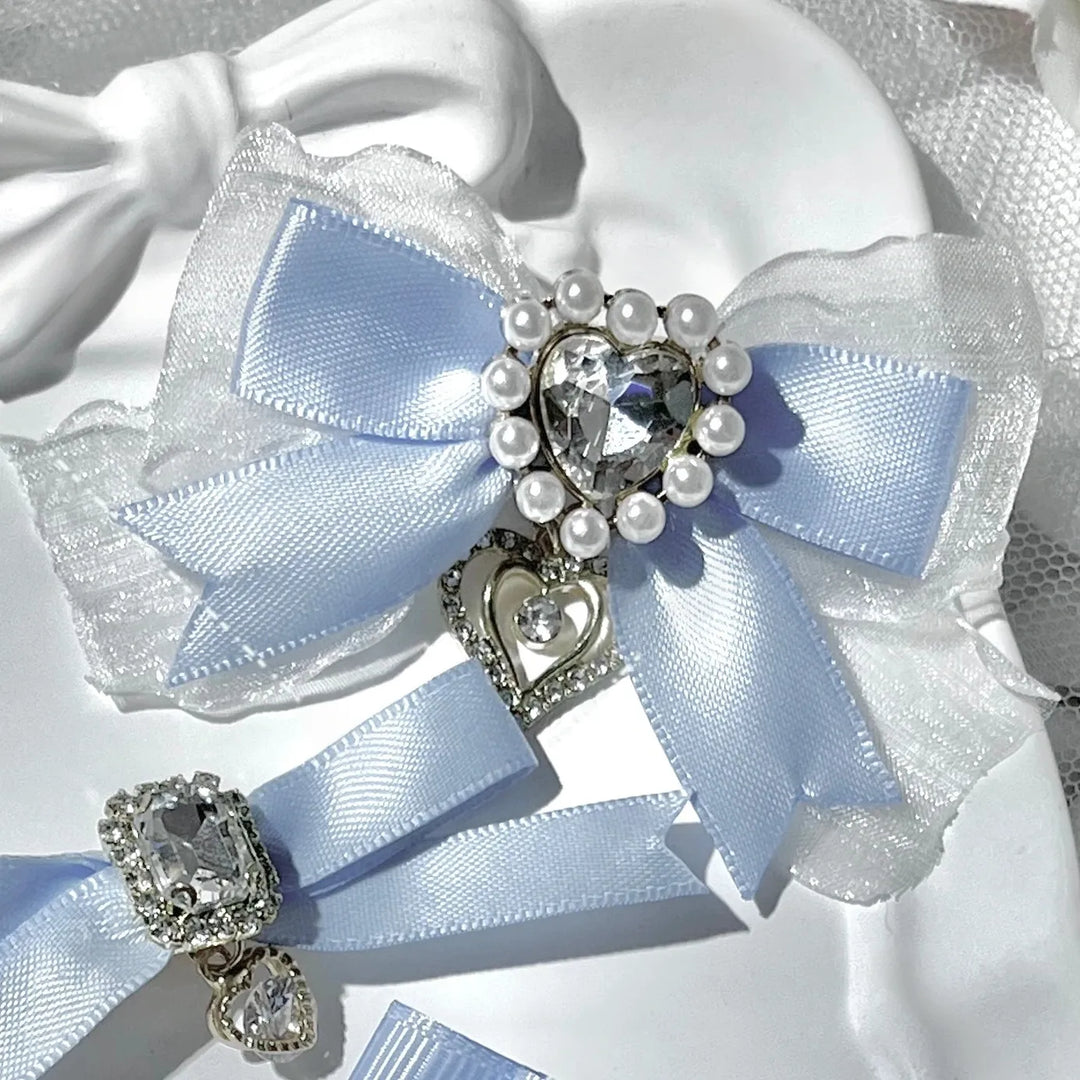 Jirai Kei Bow Hair Clips Set, Rhinestone & Pearl Accent 45776:866471