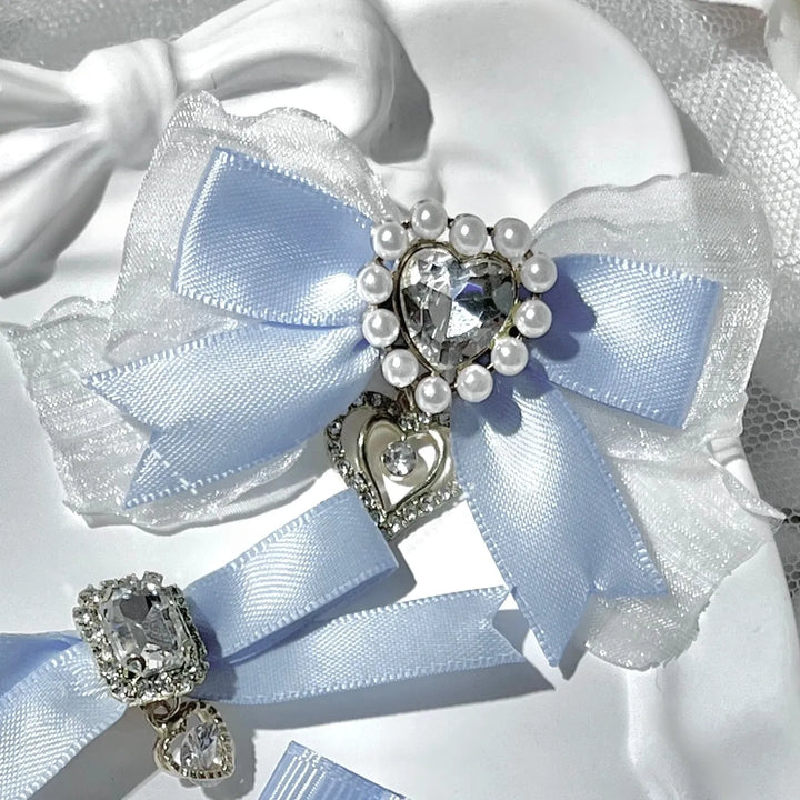 Jirai Kei Bow Hair Clips Set, Rhinestone & Pearl Accent 45776:866471
