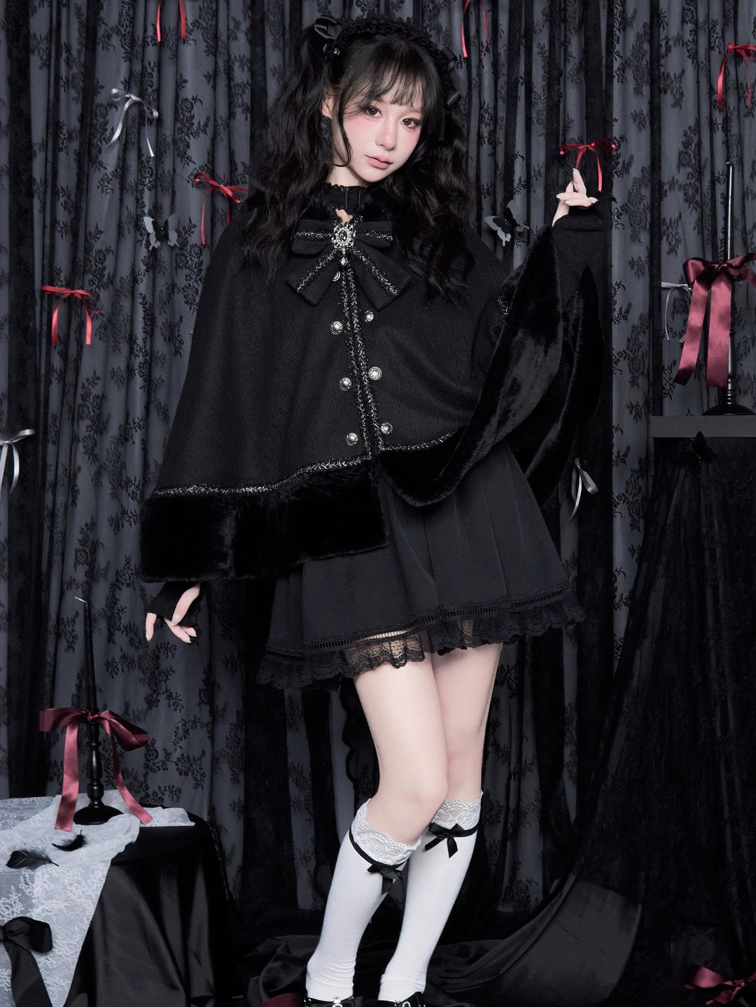 Jirai Kei Cloak Hood Cape Winter Coat Plush Hem 40394:669542